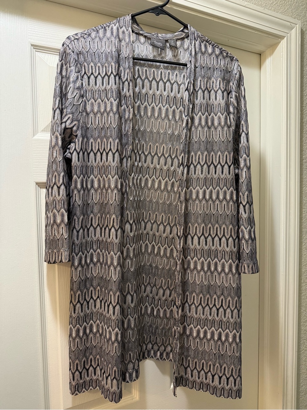 Chico's Traveler's Collection Metallic Gray Knit Open Cardigan